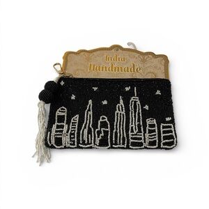 India Handmade New York City Skyline Black Beaded Pouch - NWT ***